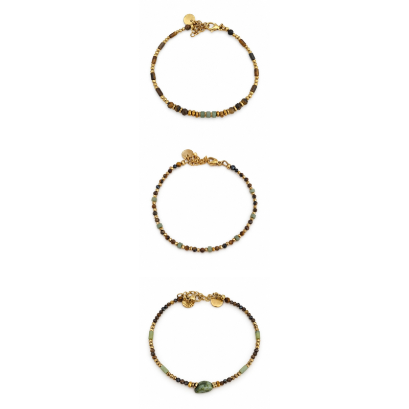 Bracelet CHARLINE Jade Vert & Œil de Tigre | Petit Cœur