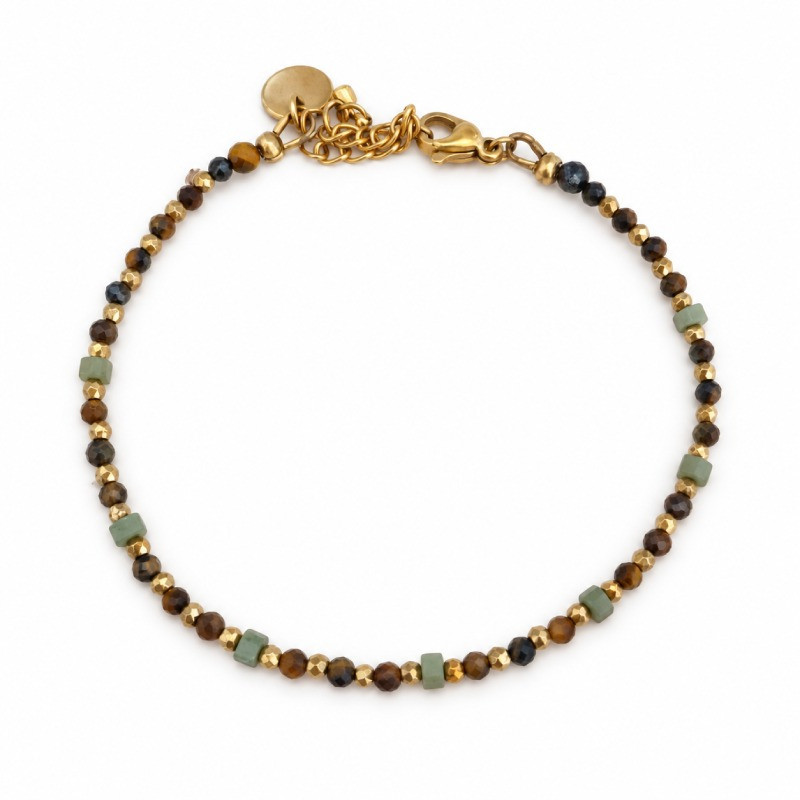 Bracelet CHARLINE Jade Vert & Œil de Tigre | Petit Cœur