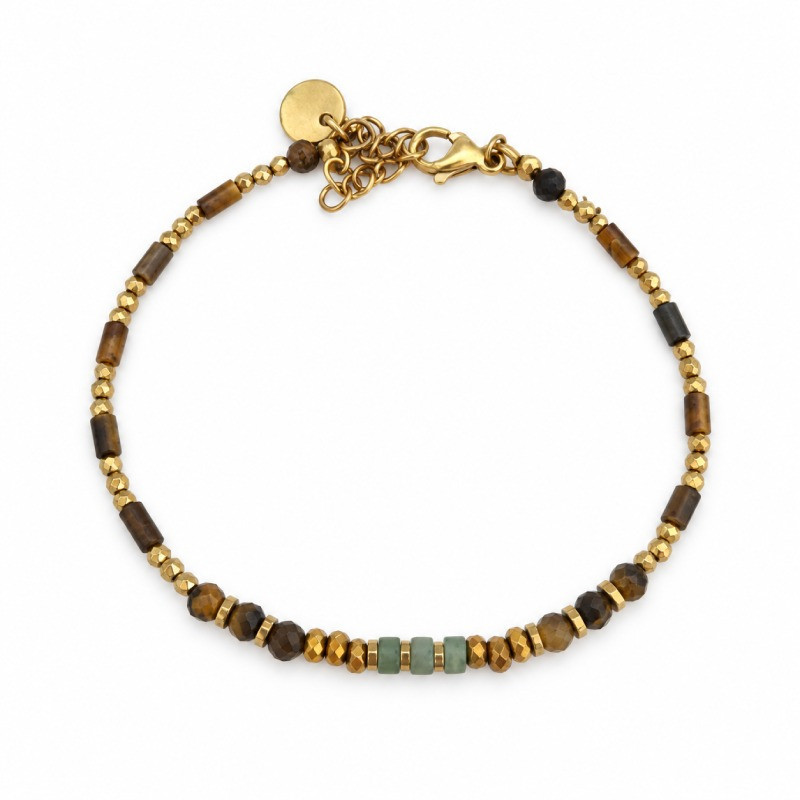 Bracelet CHARLINE Jade Vert & Œil de Tigre | Petit Cœur