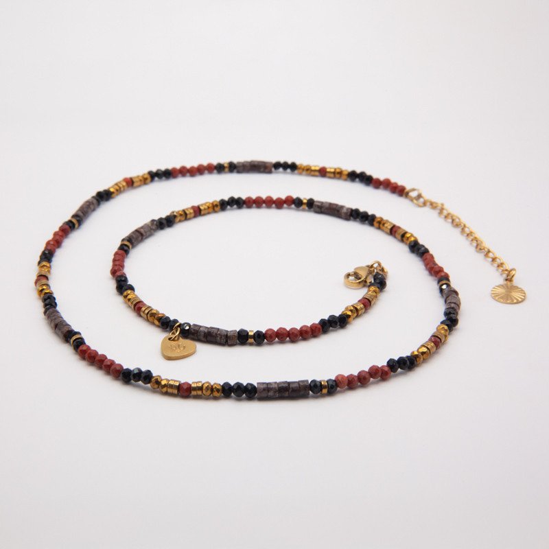 Bracelet-collier jaspe rouge" Tribal Chic" & obsidienne – Force vitale et élégance brute | Petit Cœur