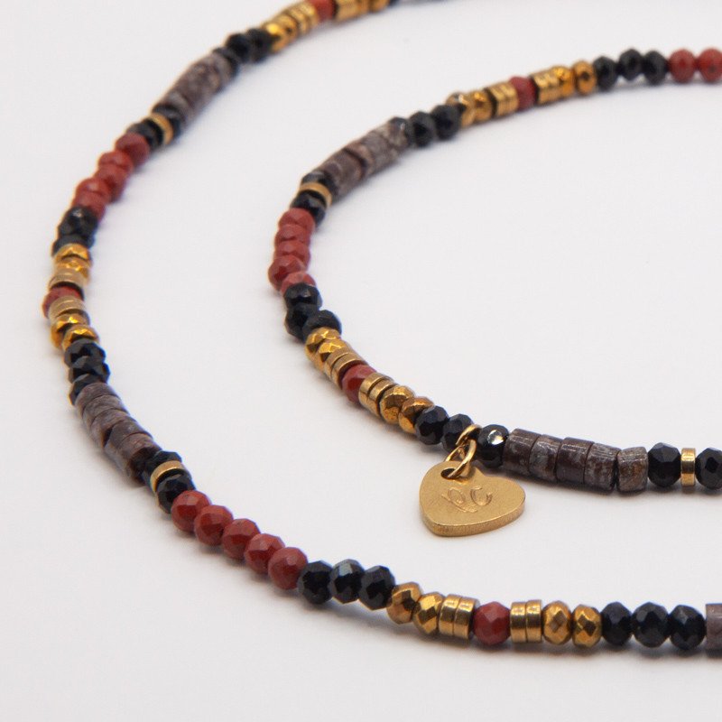 Bracelet-collier jaspe rouge" Tribal Chic" & obsidienne – Force vitale et élégance brute | Petit Cœur