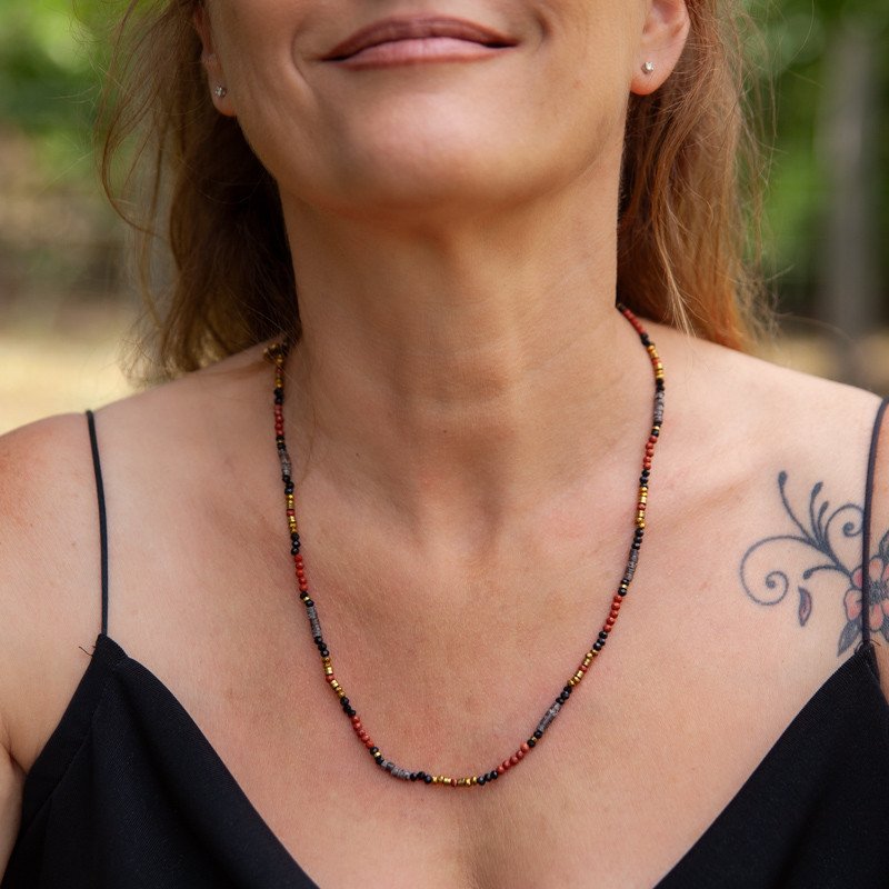 Bracelet-collier jaspe rouge" Tribal Chic" & obsidienne – Force vitale et élégance brute | Petit Cœur