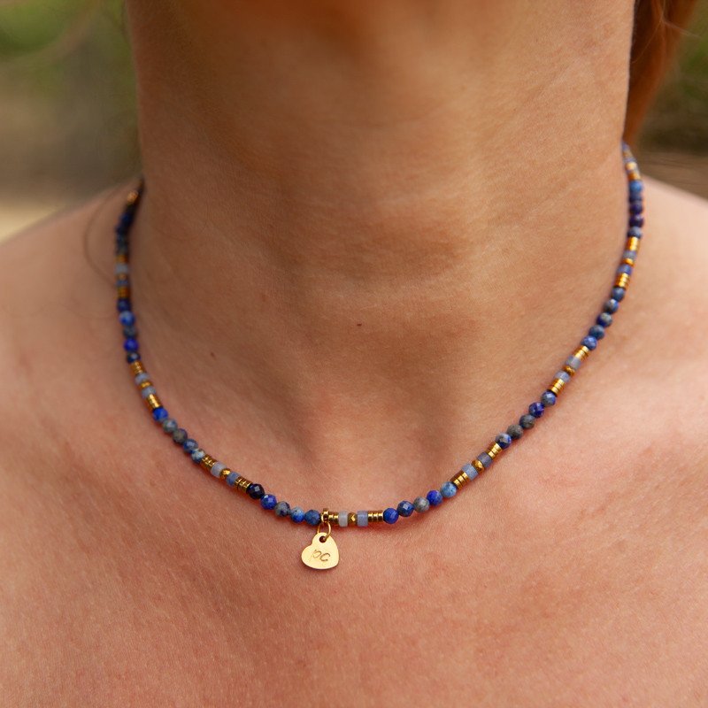 Collier radial lapis-lazuli & œil de tigre " Horizon Lointain" – Bijou moderne Petit Cœur