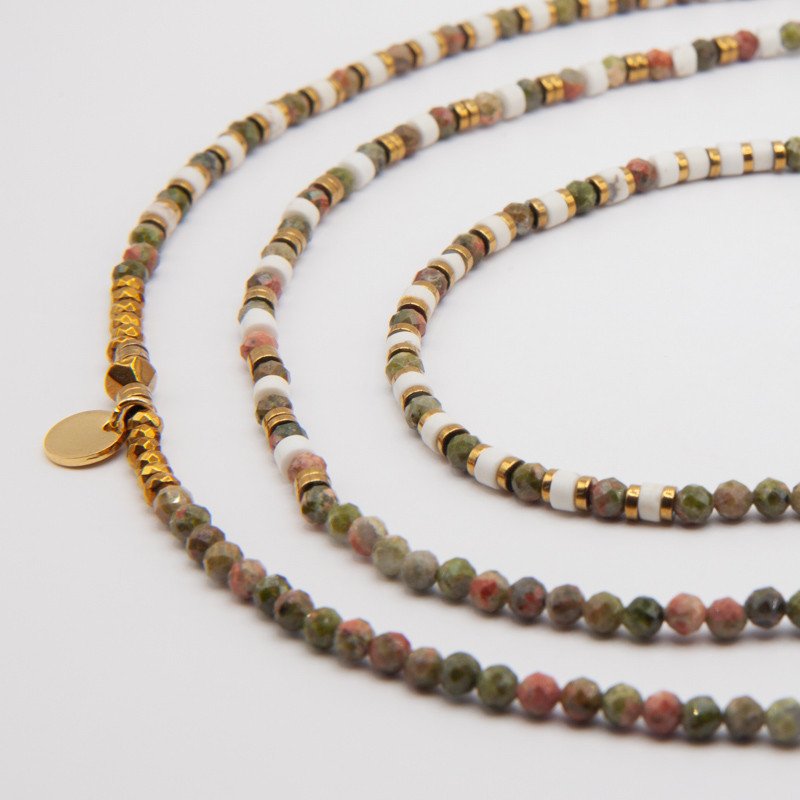 Bracelet Collier "Kalinda" Unakite & Howlite – Bijou 6 tours