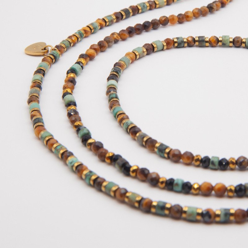 Bracelet Collier "Ciel de sienne" Turquoise & Œil de Tigre – 6 tours