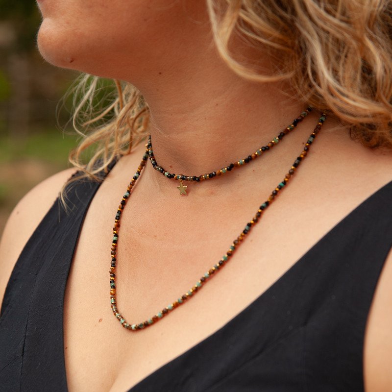Bracelet Collier "Ciel de sienne" Turquoise & Œil de Tigre – 6 tours