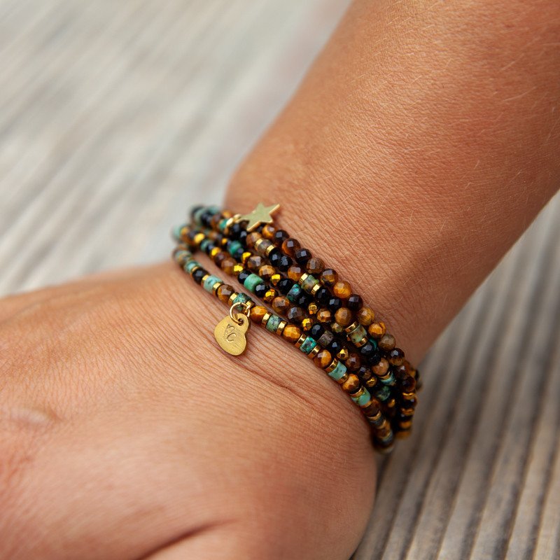 Bracelet Collier "Ciel de sienne" Turquoise & Œil de Tigre – 6 tours