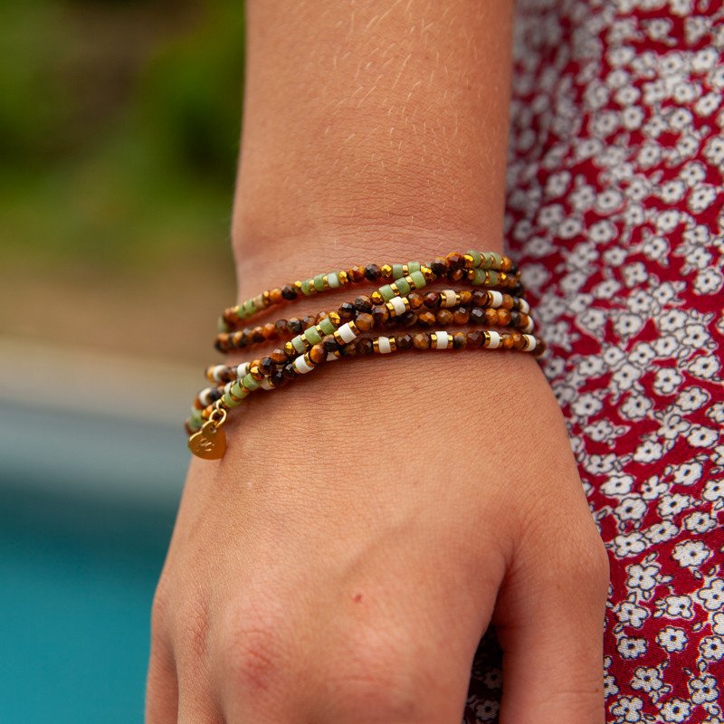 Bracelet Collier "Moka Jade" Œil de Tigre & Jade de Xynil – 6 tours