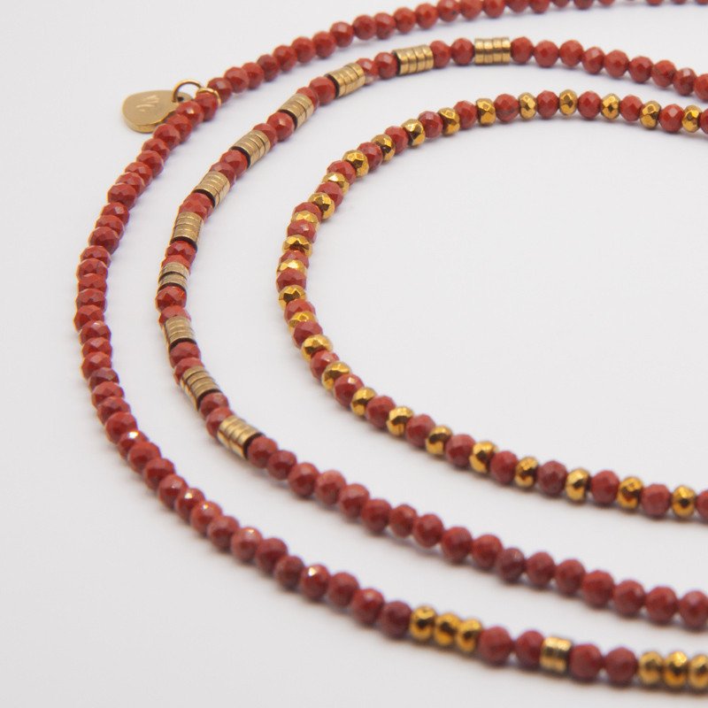 Bracelet Collier "Tentation"  Jaspe Rouge & Hématite Dorée – 6 tours