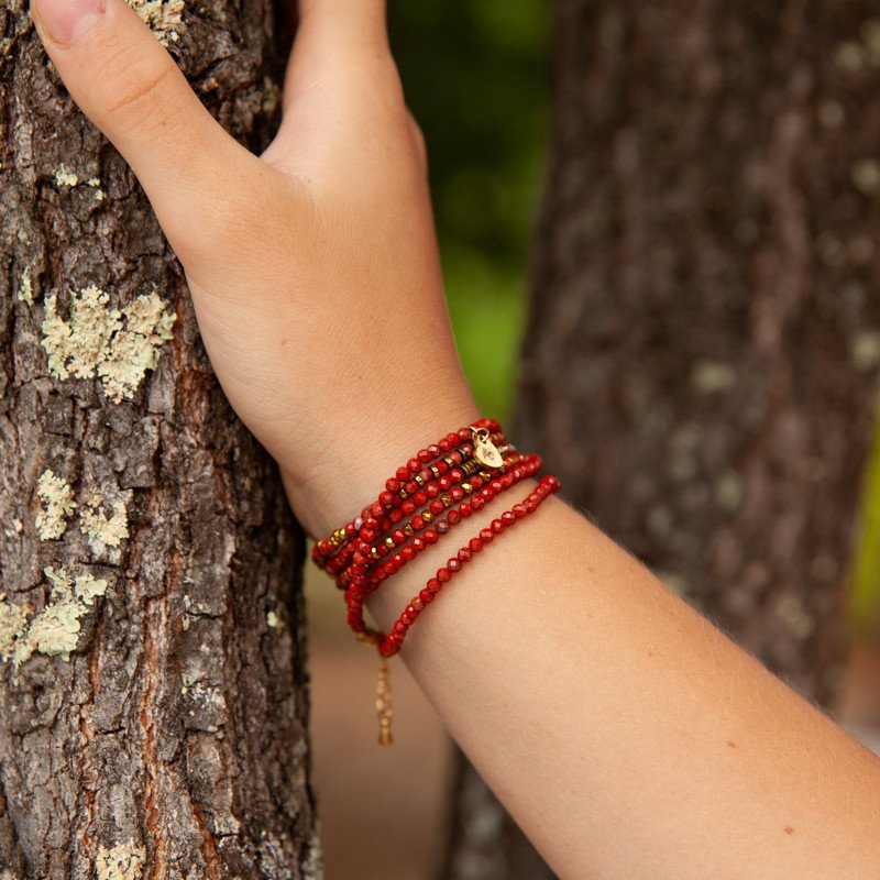 Bracelet Collier "Tentation"  Jaspe Rouge & Hématite Dorée – 6 tours