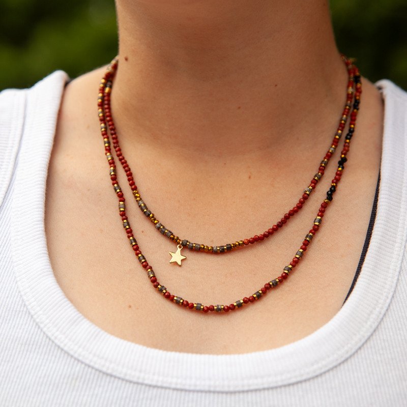 Bracelet Collier "Tentation"  Jaspe Rouge & Hématite Dorée – 6 tours