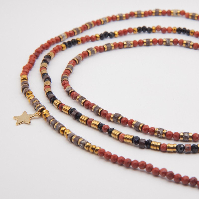 Bracelet Collier"Allure Cherry" Jaspe Rouge, Obsidienne & Hématite Dorée