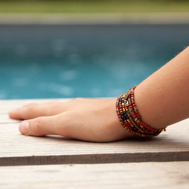 Bracelet Collier"Allure Cherry" Jaspe Rouge, Obsidienne & Hématite Dorée