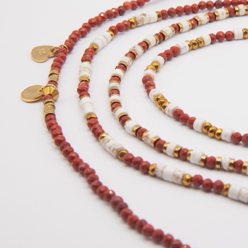 Bracelet Collier "Baiser volé" Jaspe Rouge & Howlite – Bijou 6 tours