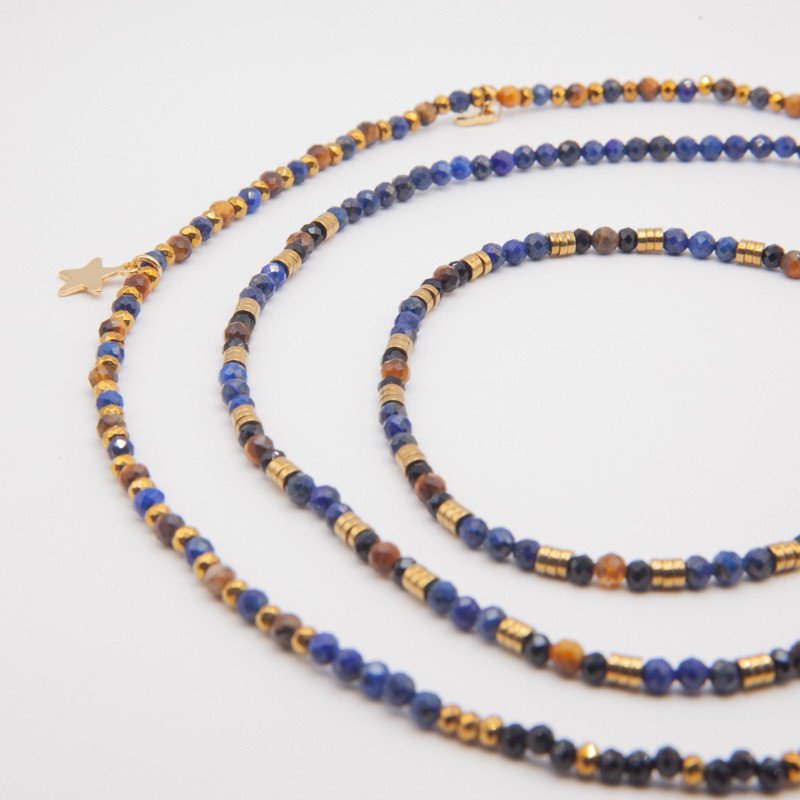 Auréa – Bracelet-Collier en Lapis Lazuli, Œil de Tigre & Hématite dorée | Bijou lumineux & protecteur