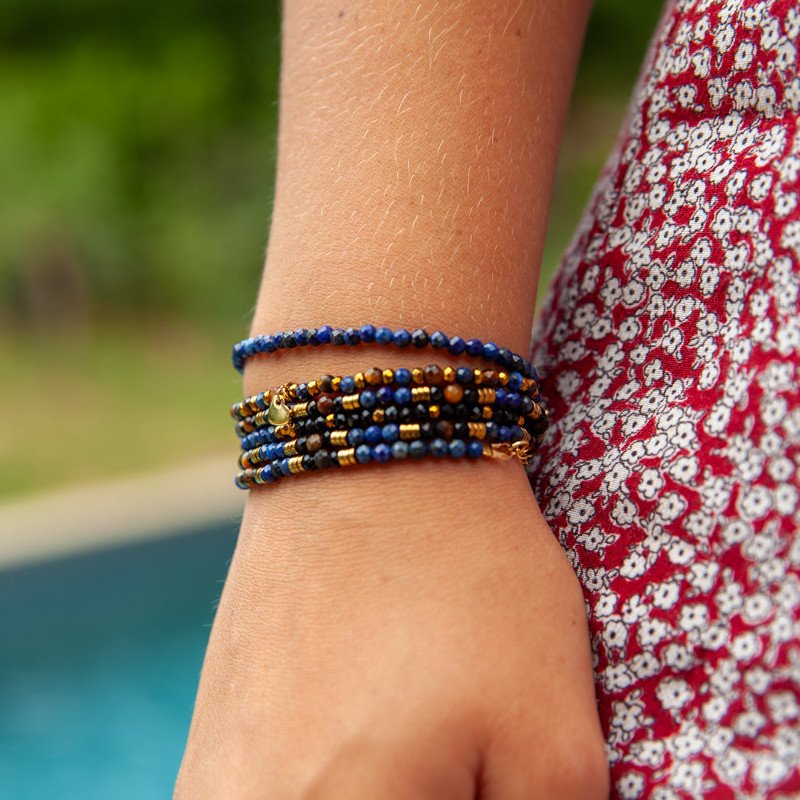 Auréa – Bracelet-Collier en Lapis Lazuli, Œil de Tigre & Hématite dorée | Bijou lumineux & protecteur