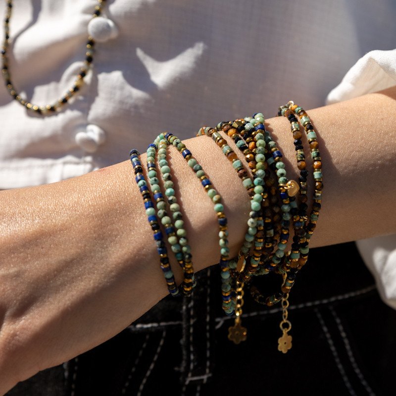 Bracelet Collier "Ciel de sienne" Turquoise & Œil de Tigre – 6 tours
