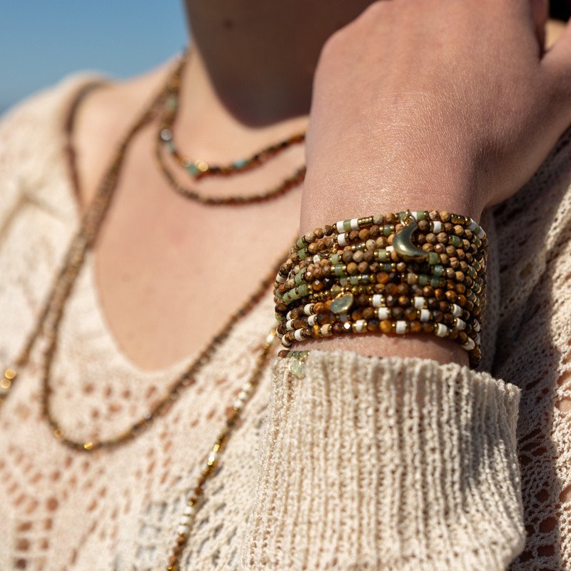 Bracelet Collier "Moka Jade" Œil de Tigre & Jade de Xynil – 6 tours