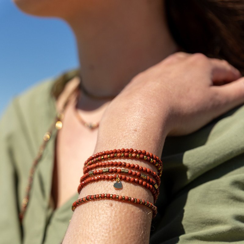 Bracelet Collier "Tentation"  Jaspe Rouge & Hématite Dorée – 6 tours