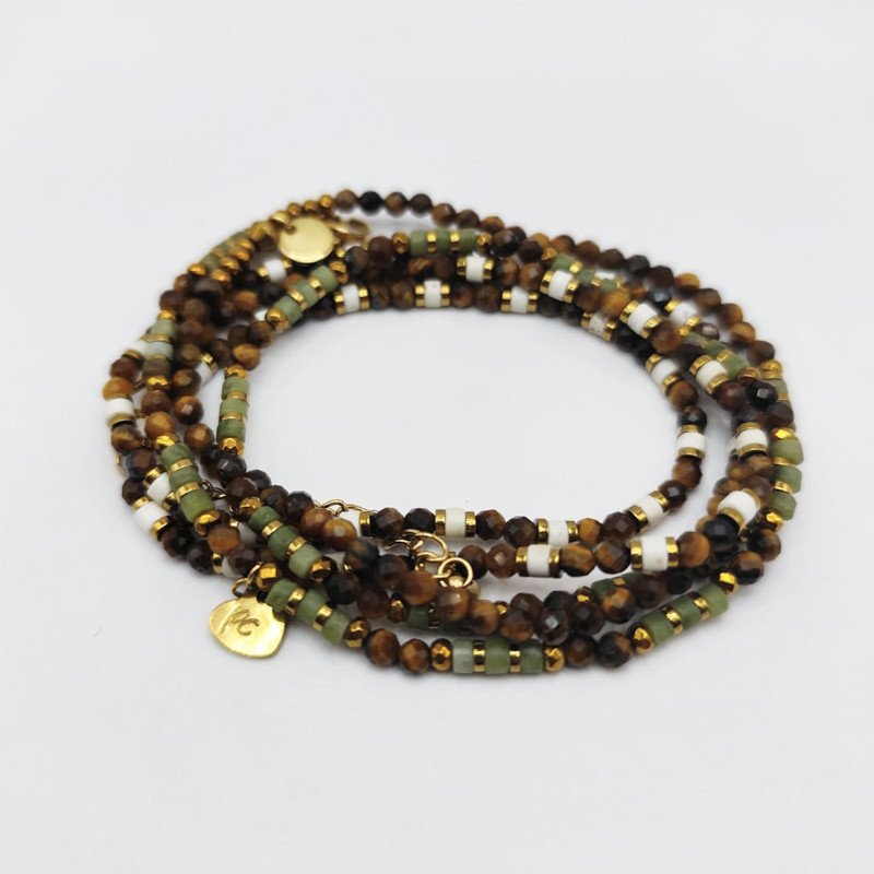 Bracelet Collier "Moka Jade" Œil de Tigre & Jade de Xynil – 6 tours