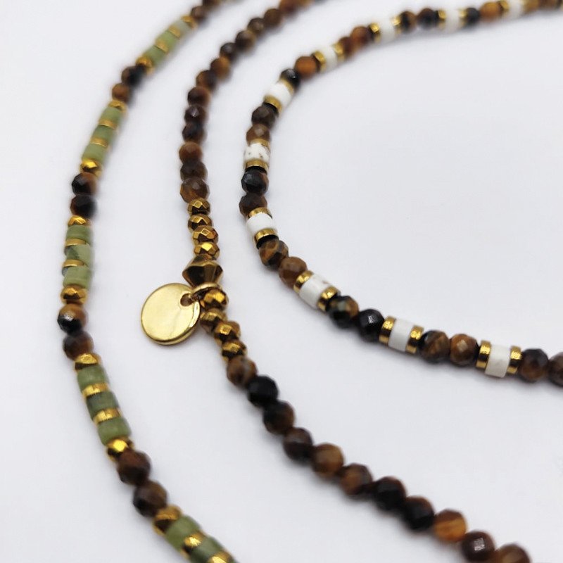 Bracelet Collier "Moka Jade" Œil de Tigre & Jade de Xynil – 6 tours