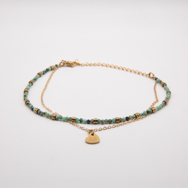 Chaîne de cheville double rang en turquoise facettée et chaîne dorée "Horizon"  – avec cœur signature Petit Cœur