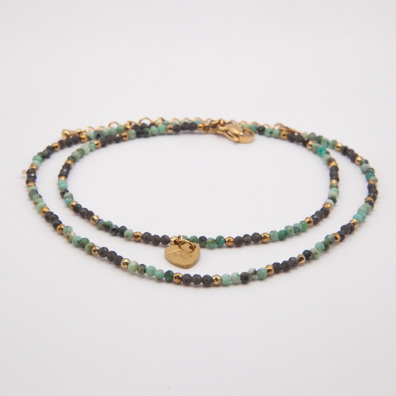 Chaîne de cheville "Loulou"  turquoise & obsidienne – Bijou double rang Petit Cœur