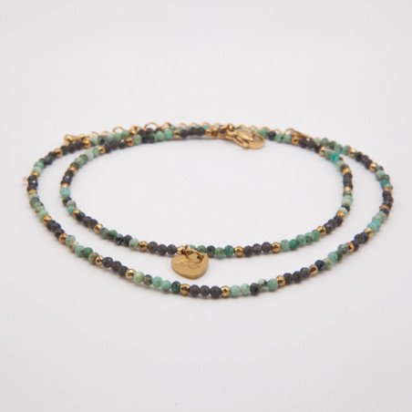 Chaîne de cheville "Loulou"  turquoise & obsidienne – Bijou double rang Petit Cœur