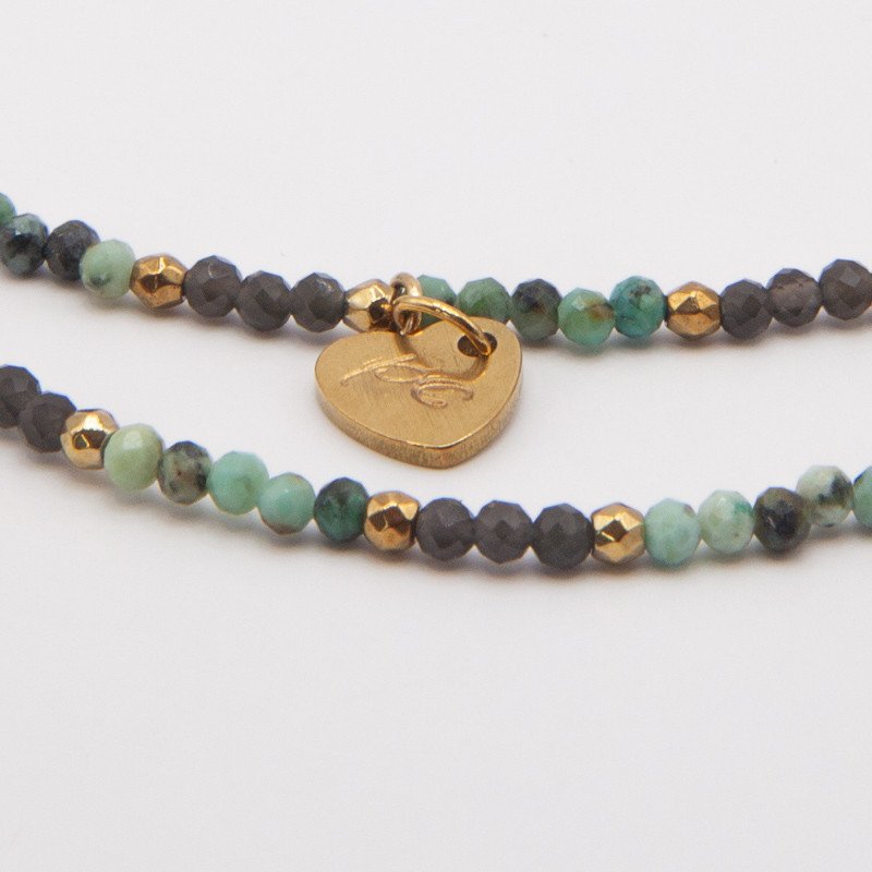 Chaîne de cheville "Loulou"  turquoise & obsidienne – Bijou double rang Petit Cœur