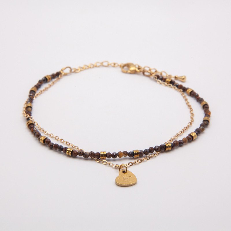 Chaîne de cheville double rang « Évasion » en œil de tigre et hématite dorée – Bijou tendance et protecteur