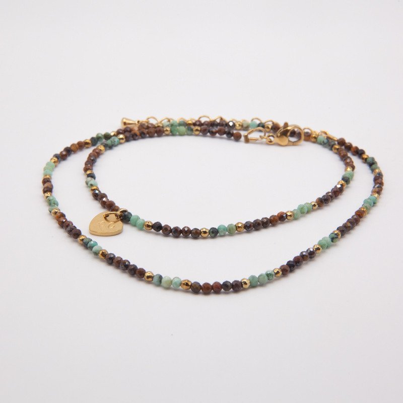Chaîne de cheville "Isis" œil de tigre et turquoise – double rang protecteur et lumineux