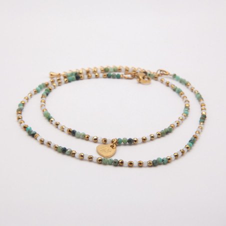 Chaîne de cheville "Eclat de Lune"pierre de lune & turquoise – Double rang doré Petit Cœur