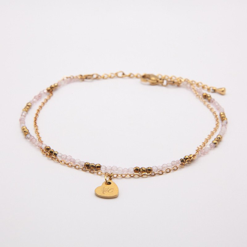 Chaîne de cheville "Murmure d'été" quartz rose – Double rang doré | Petit Cœur