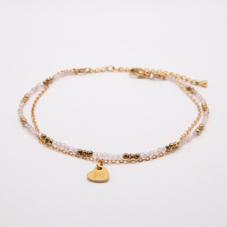 Chaîne de cheville "Murmure d'été" quartz rose – Double rang doré | Petit Cœur