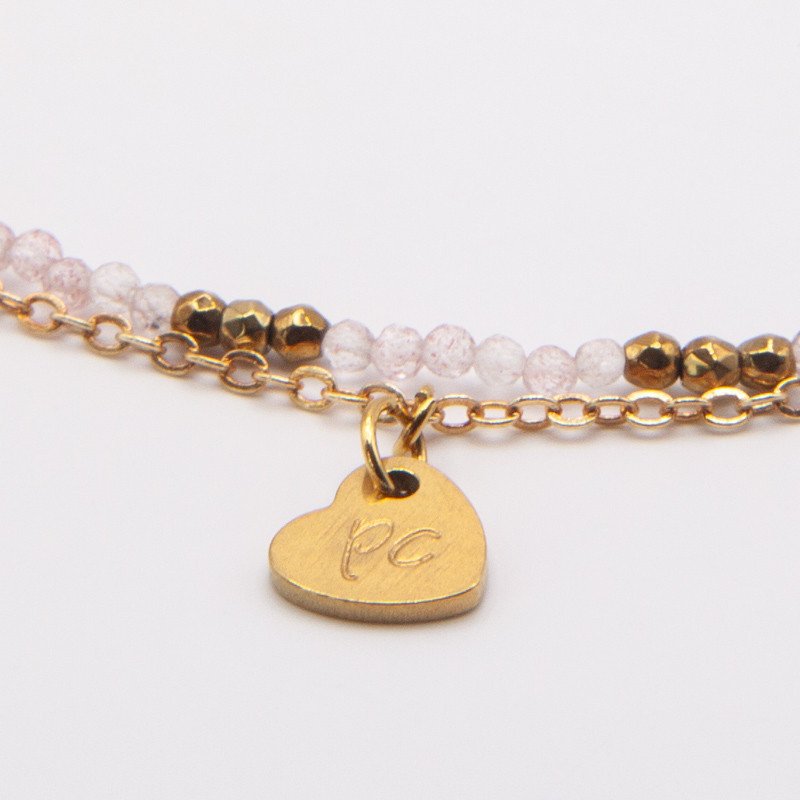 Chaîne de cheville "Murmure d'été" quartz rose – Double rang doré | Petit Cœur