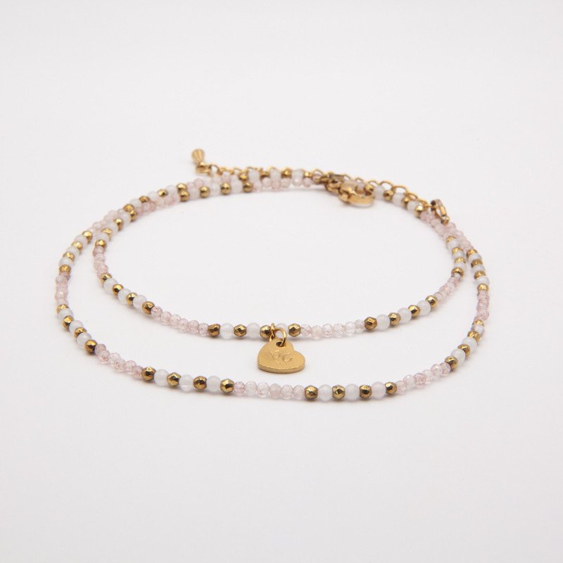 Chaîne de cheville"Rayon de Lune" quartz rose & perles dorées – Double rang | Petit Cœur