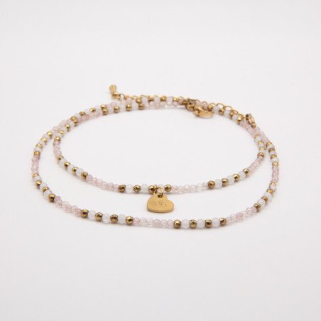 Chaîne de cheville"Rayon de Lune" quartz rose & perles dorées – Double rang | Petit Cœur