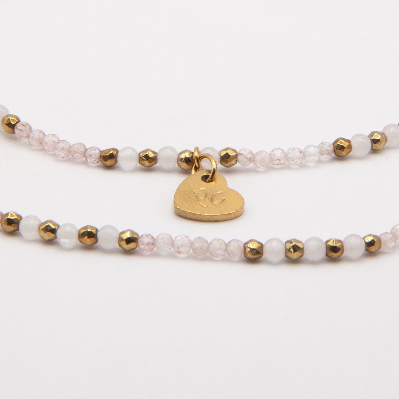 Chaîne de cheville"Rayon de Lune" quartz rose & perles dorées – Double rang | Petit Cœur