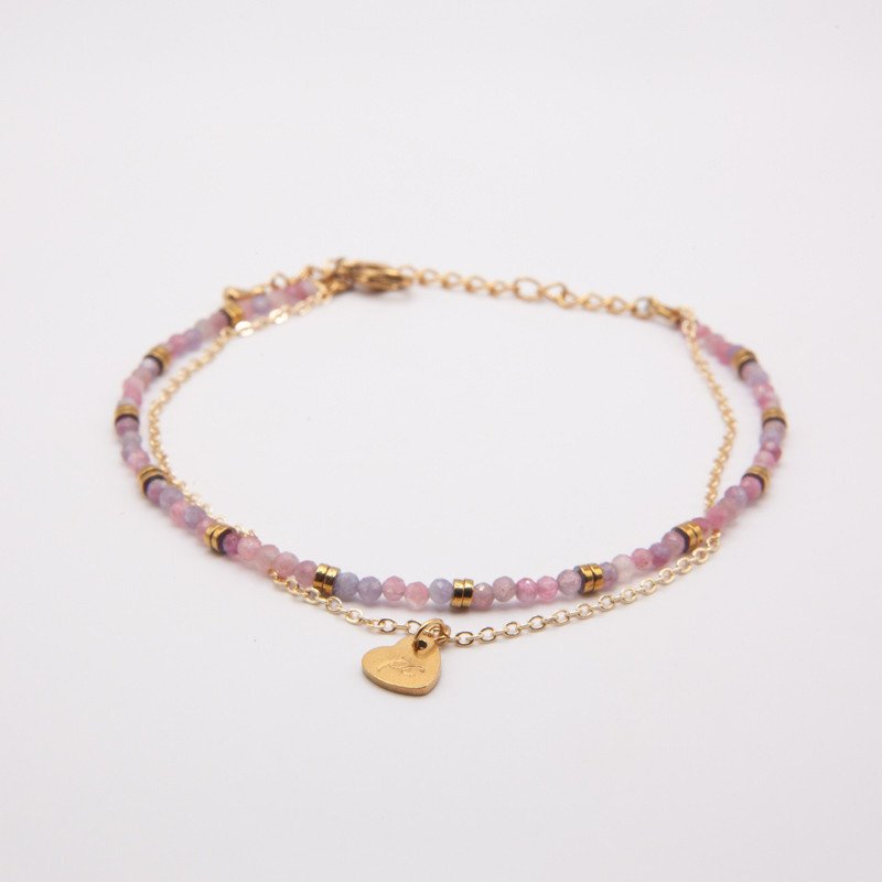 Chaîne de cheville"Luciole" en tourmaline & perles dorées  – Bijou double rang | Petit Cœur