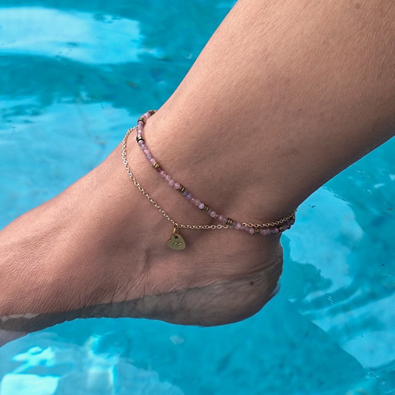 Chaîne de cheville"Luciole" en tourmaline & perles dorées  – Bijou double rang | Petit Cœur