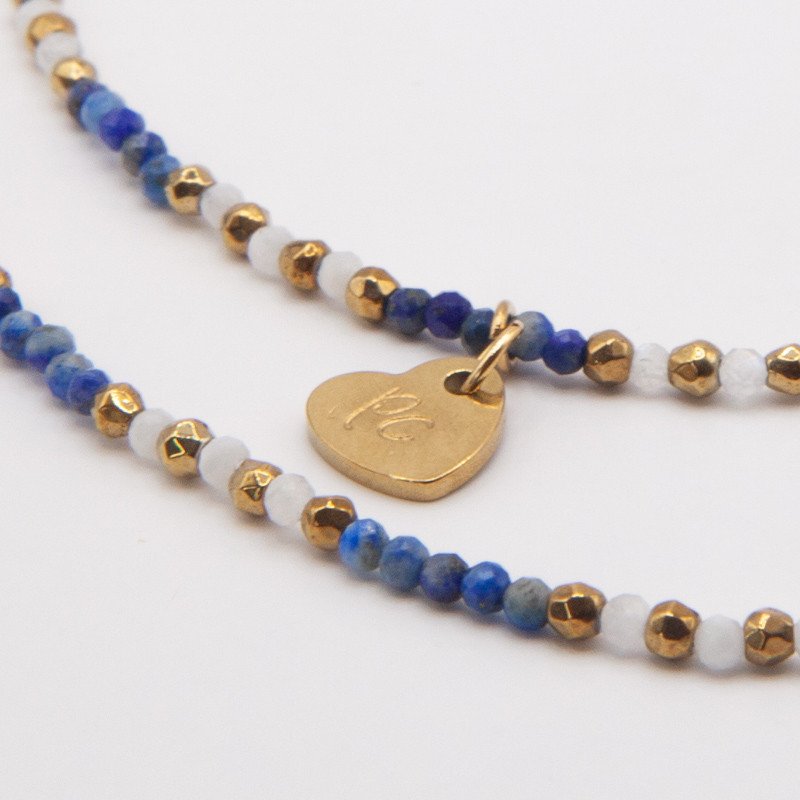 Chaîne de cheville lapis-lazuli & pierre de lune – Double rang Petit Cœur
