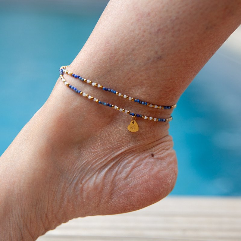 Chaîne de cheville lapis-lazuli & pierre de lune – Double rang Petit Cœur