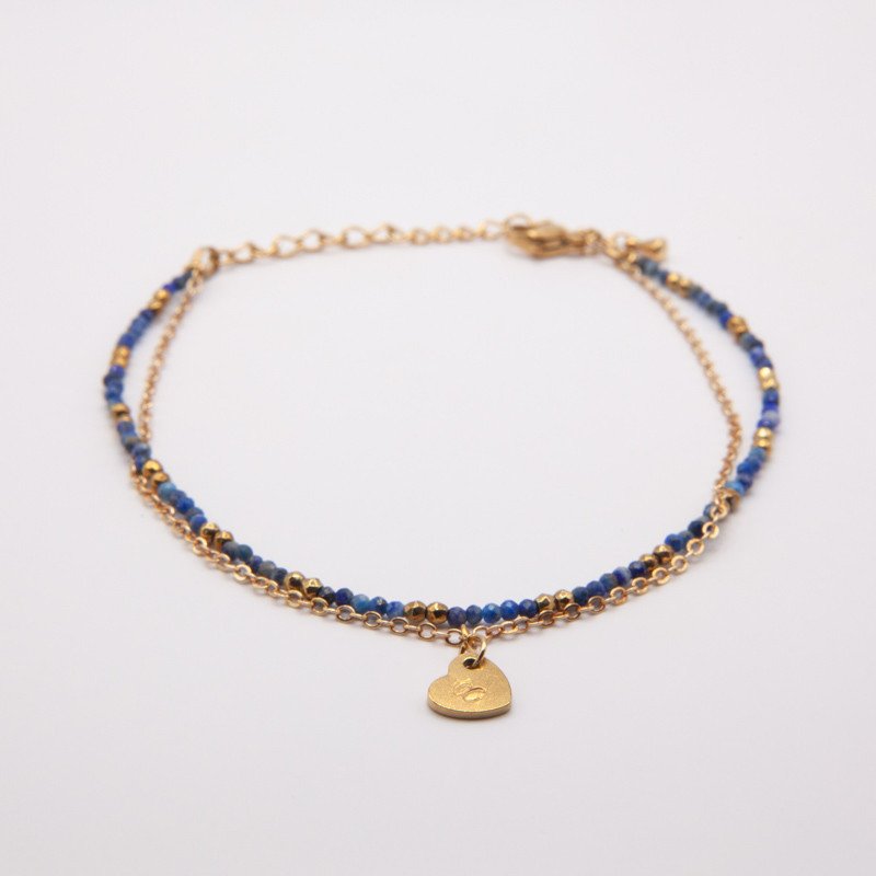 Chaîne de cheville double "L'écume" en lapis-lazuli facetté – Bijou bleu doré Petit Cœur