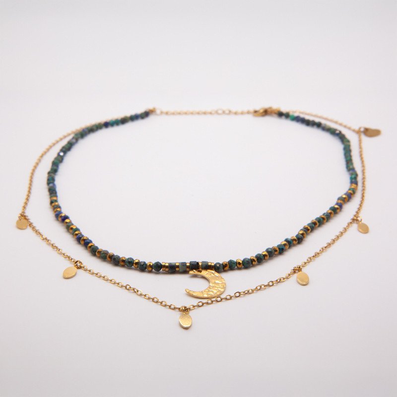 Collier chrysocolle & demi-lune dorée"Luna"– Féminin sacré et élégance organique | Petit Cœur