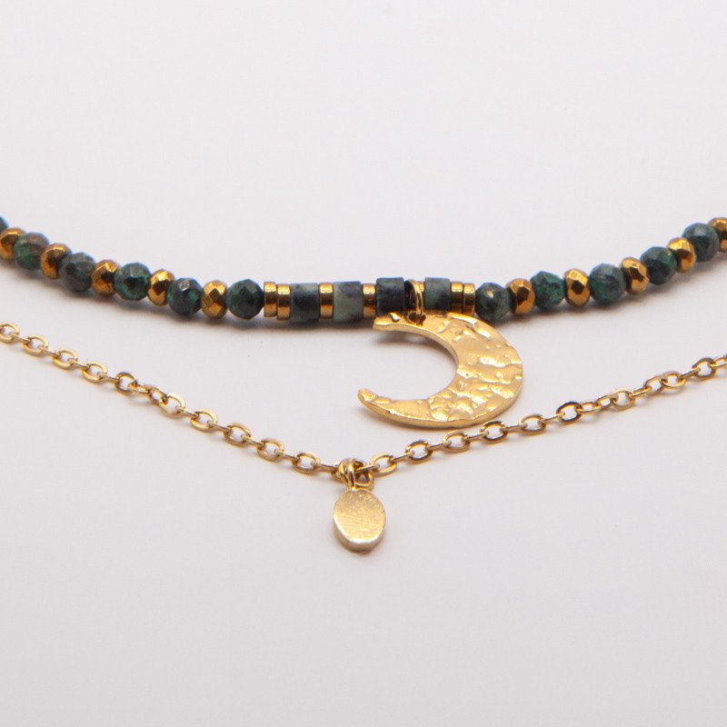 Collier chrysocolle & demi-lune dorée"Luna"– Féminin sacré et élégance organique | Petit Cœur