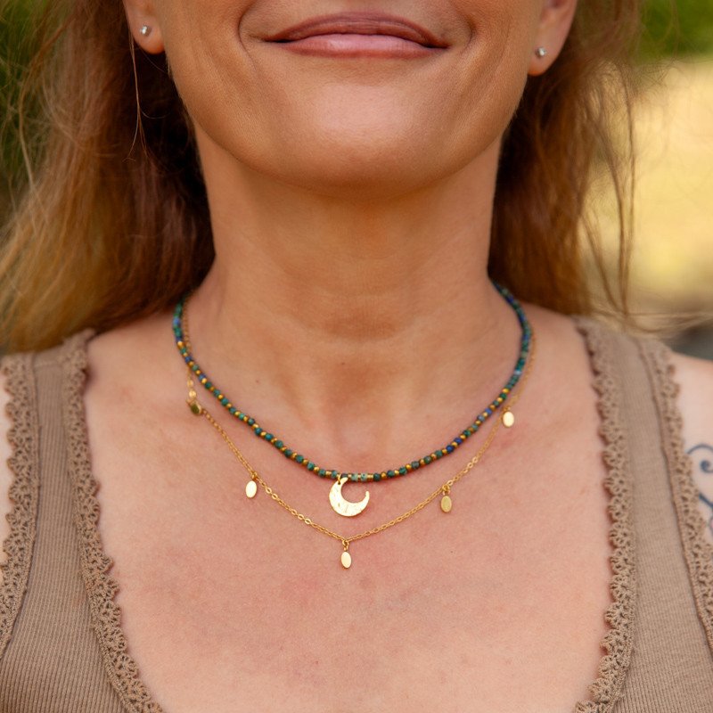 Collier chrysocolle & demi-lune dorée"Luna"– Féminin sacré et élégance organique | Petit Cœur