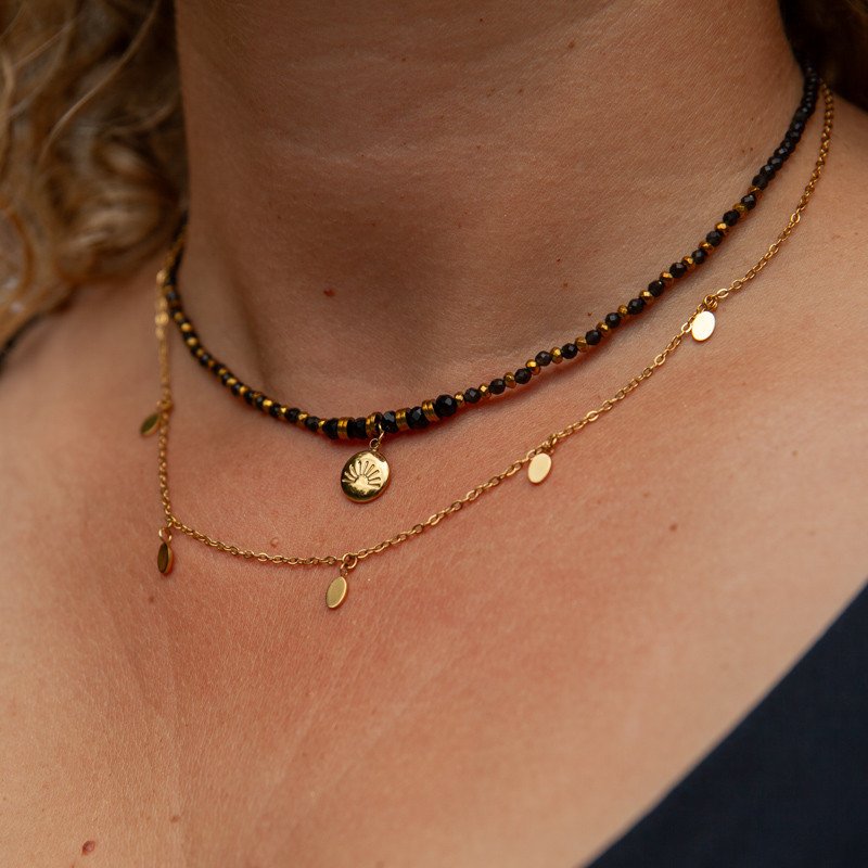 Collier double obsidienne noire " Soleil Levant" & chaîne dorée – Médaillon Soleil Levant | Bijou de protection Petit Cœur