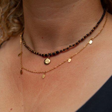 Collier double obsidienne noire " Soleil Levant" & chaîne dorée – Médaillon Soleil Levant | Bijou de protection Petit Cœur