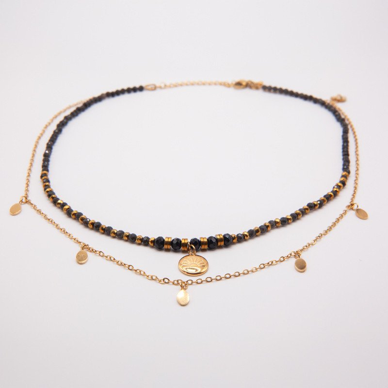 Collier double obsidienne noire " Soleil Levant" & chaîne dorée – Médaillon Soleil Levant | Bijou de protection Petit Cœur