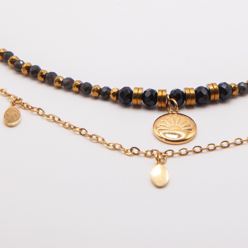Collier double obsidienne noire " Soleil Levant" & chaîne dorée – Médaillon Soleil Levant | Bijou de protection Petit Cœur